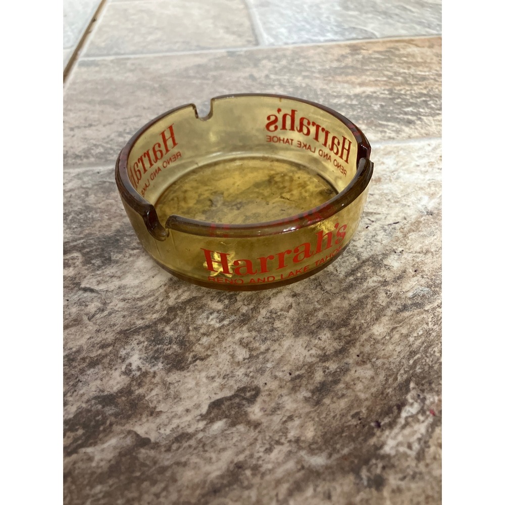 Vintage Harrahs Casino Glass Ashtray Amber Reno Lake Tahoe Nevada Red Logo 3.5in